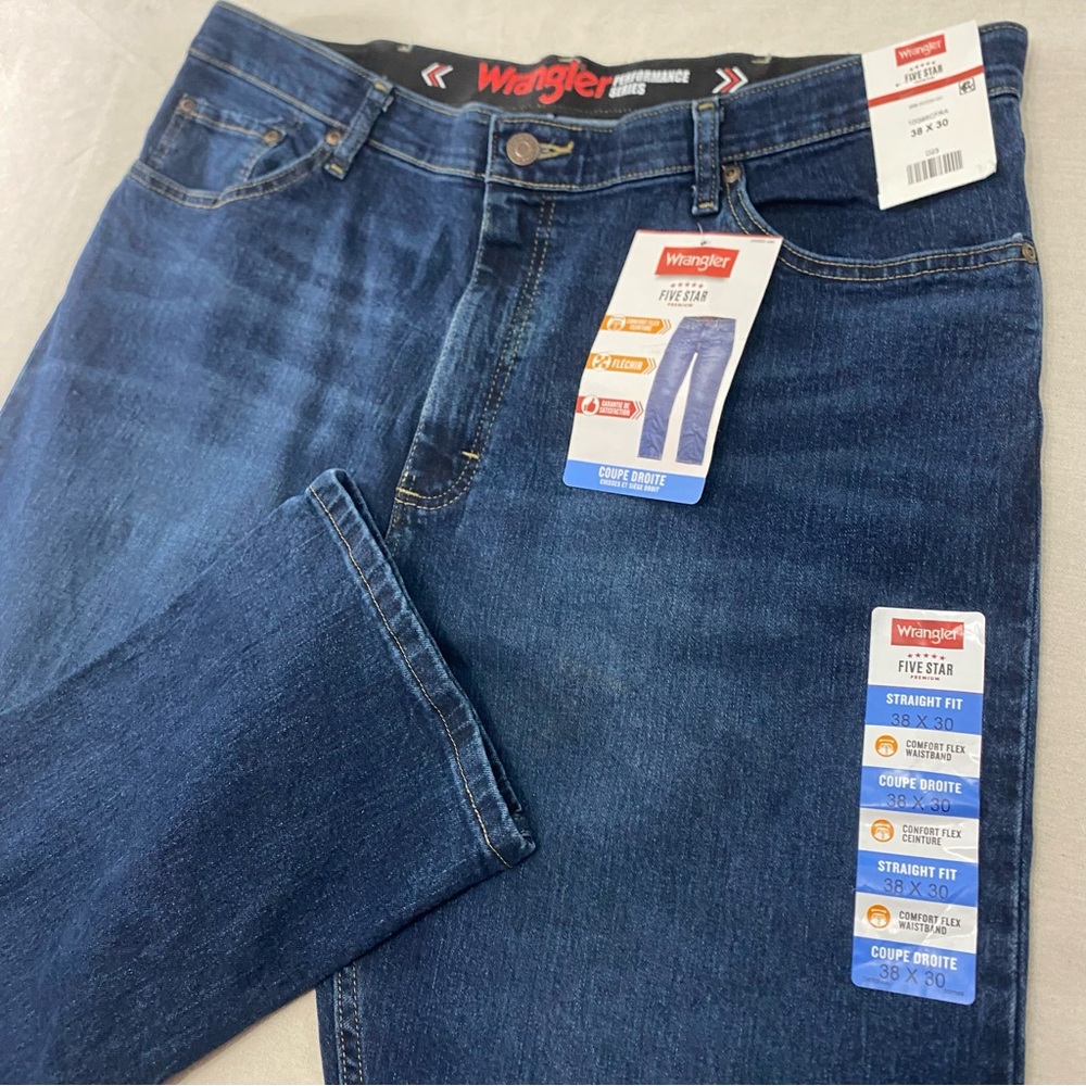 NWT Wrangler 5 Star Premium 38x32 Dark Wash Denim Straight Fit Jeans Performance